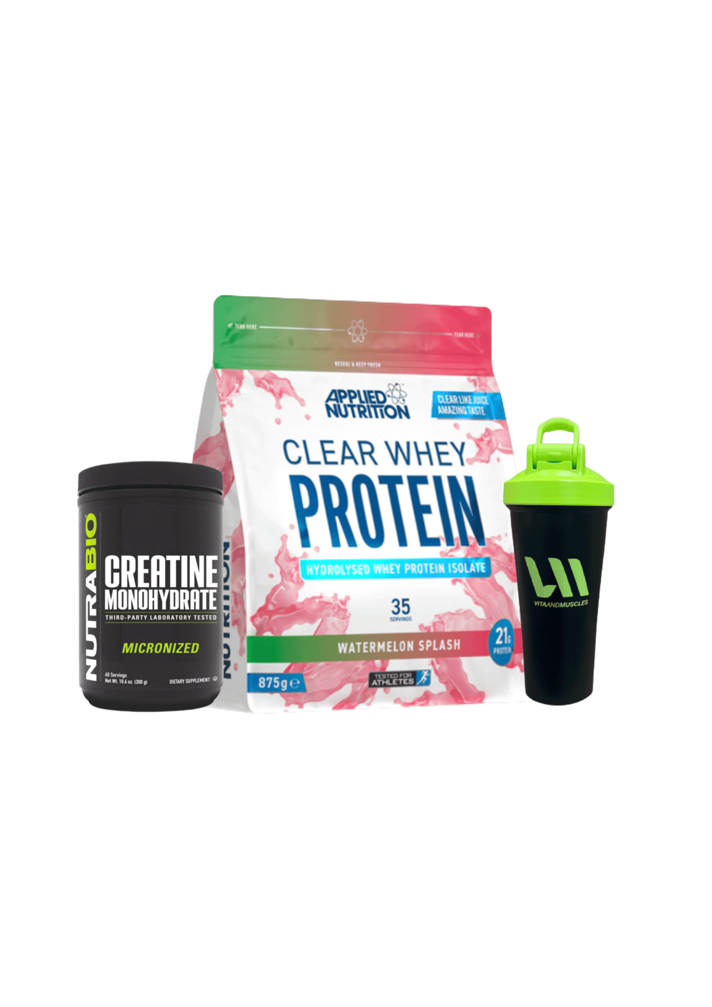 Clear Whey Applied Nutrition + Creatina NB 300 grs + Shaker V&M